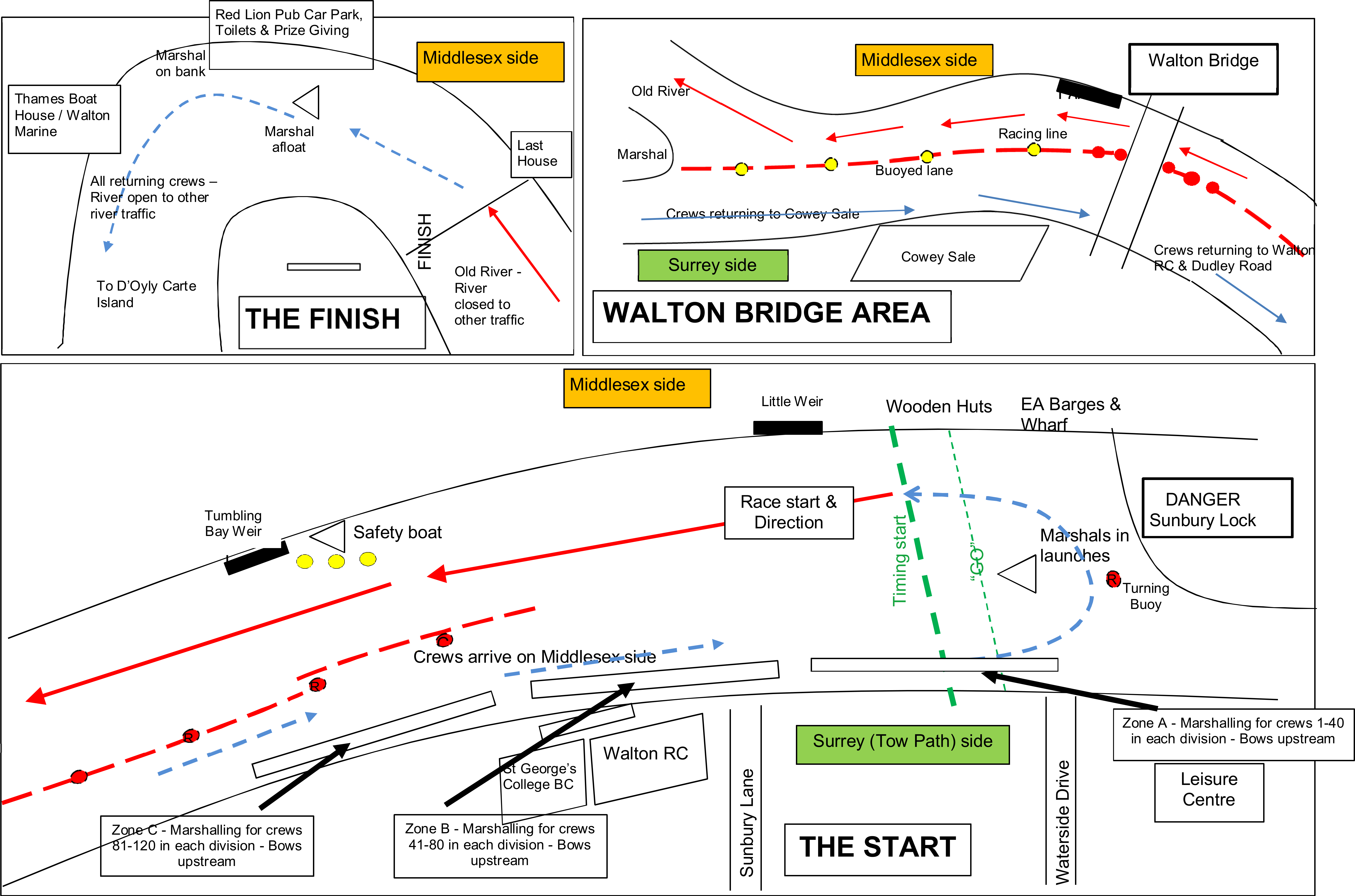 A map showing details of the Start, Finish and Walton Bridge