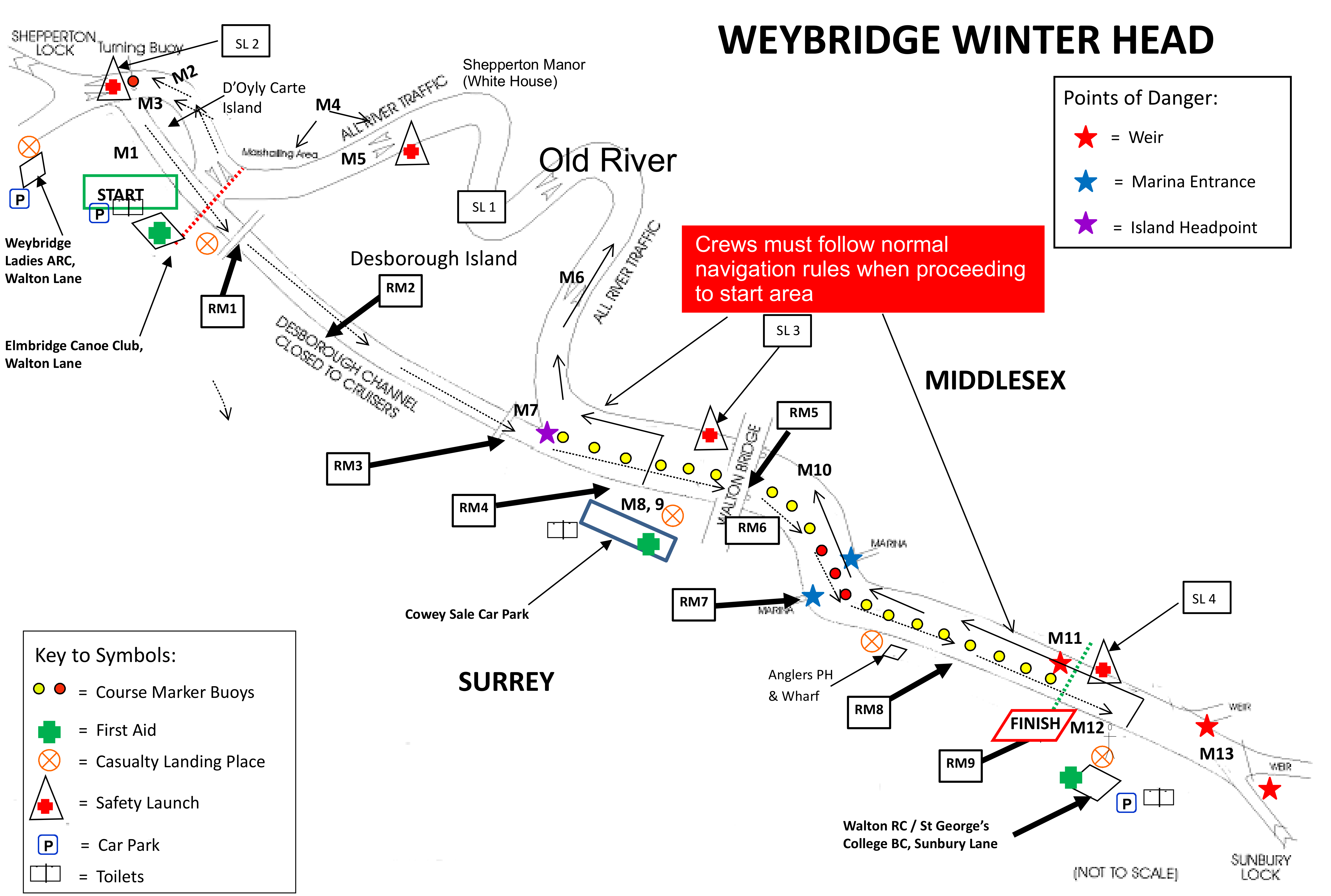 A sketch map showing the course
of the river from above the start near Elmbridge canoe club to the finish by Walton rowing
club, including the cut and the old river.  The map also shows the positions of hazards such
as weirs and islands, together with the location of Marshalls, Race Marshalls and safety
boats.